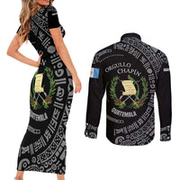 Guatemala National Emblem Couples Matching Short Sleeve Bodycon Dress and Long Sleeve Button Shirt with Mayan Pattern and Orgullo Chapin Quote Design - Wonder Print Shop