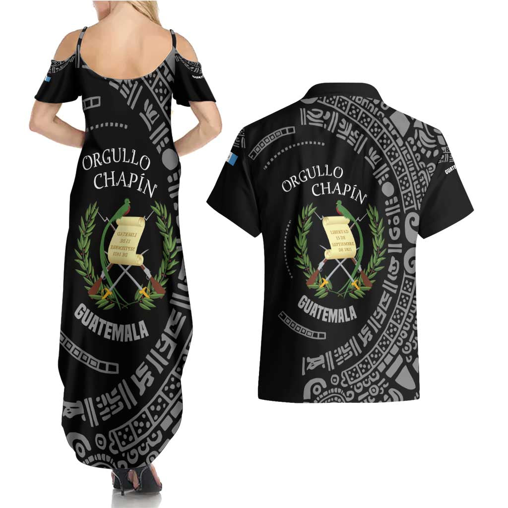 Guatemala National Emblem Couples Matching Summer Maxi Dress and Hawaiian Shirt with Mayan Pattern and Orgullo Chapin Quote Design - Wonder Print Shop