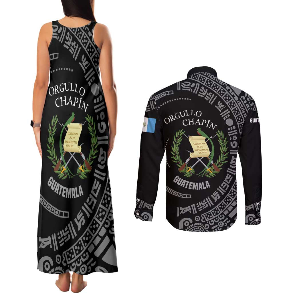 Guatemala National Emblem Couples Matching Tank Maxi Dress and Long Sleeve Button Shirt with Mayan Pattern and Orgullo Chapin Quote Design - Wonder Print Shop