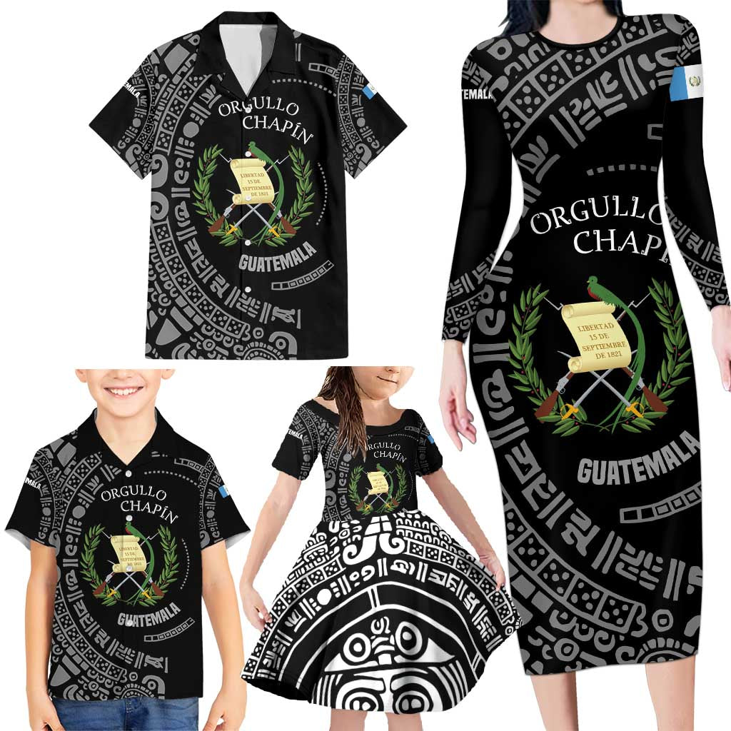Guatemala National Emblem Family Matching Long Sleeve Bodycon Dress and Hawaiian Shirt with Mayan Pattern and Orgullo Chapin Quote Design - Wonder Print Shop