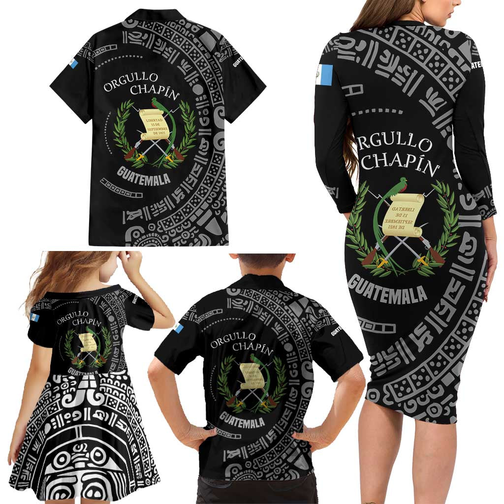 Guatemala National Emblem Family Matching Long Sleeve Bodycon Dress and Hawaiian Shirt with Mayan Pattern and Orgullo Chapin Quote Design - Wonder Print Shop