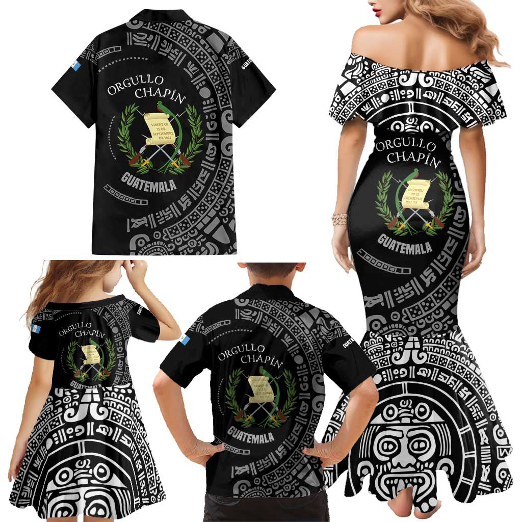 Guatemala National Emblem Family Matching Mermaid Dress and Hawaiian Shirt with Mayan Pattern and Orgullo Chapin Quote Design - Wonder Print Shop