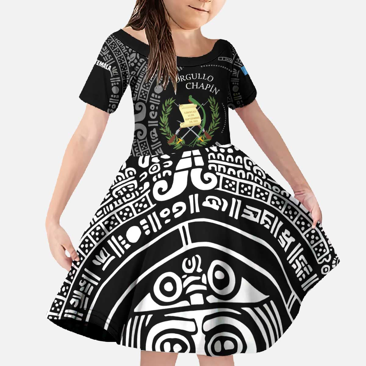 Guatemala National Emblem Family Matching Off The Shoulder Long Sleeve Dress and Hawaiian Shirt with Mayan Pattern and Orgullo Chapin Quote Design - Wonder Print Shop