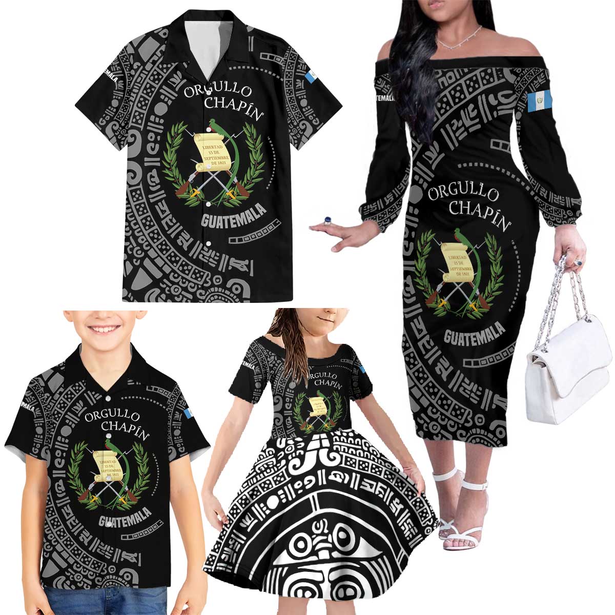 Guatemala National Emblem Family Matching Off The Shoulder Long Sleeve Dress and Hawaiian Shirt with Mayan Pattern and Orgullo Chapin Quote Design - Wonder Print Shop