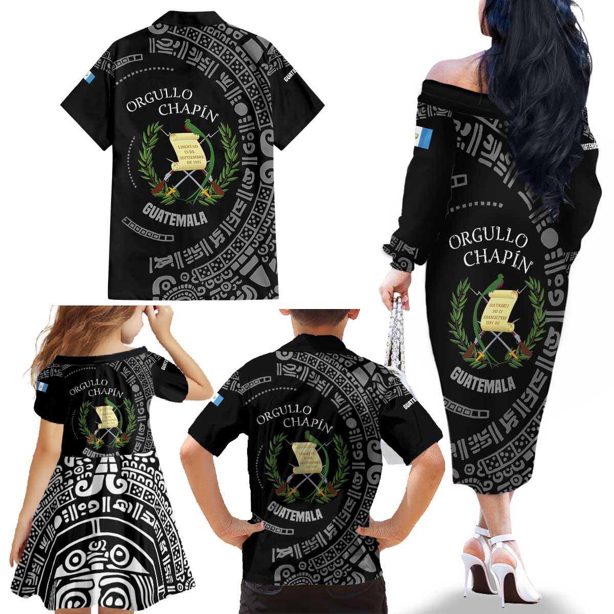 Guatemala National Emblem Family Matching Off The Shoulder Long Sleeve Dress and Hawaiian Shirt with Mayan Pattern and Orgullo Chapin Quote Design - Wonder Print Shop