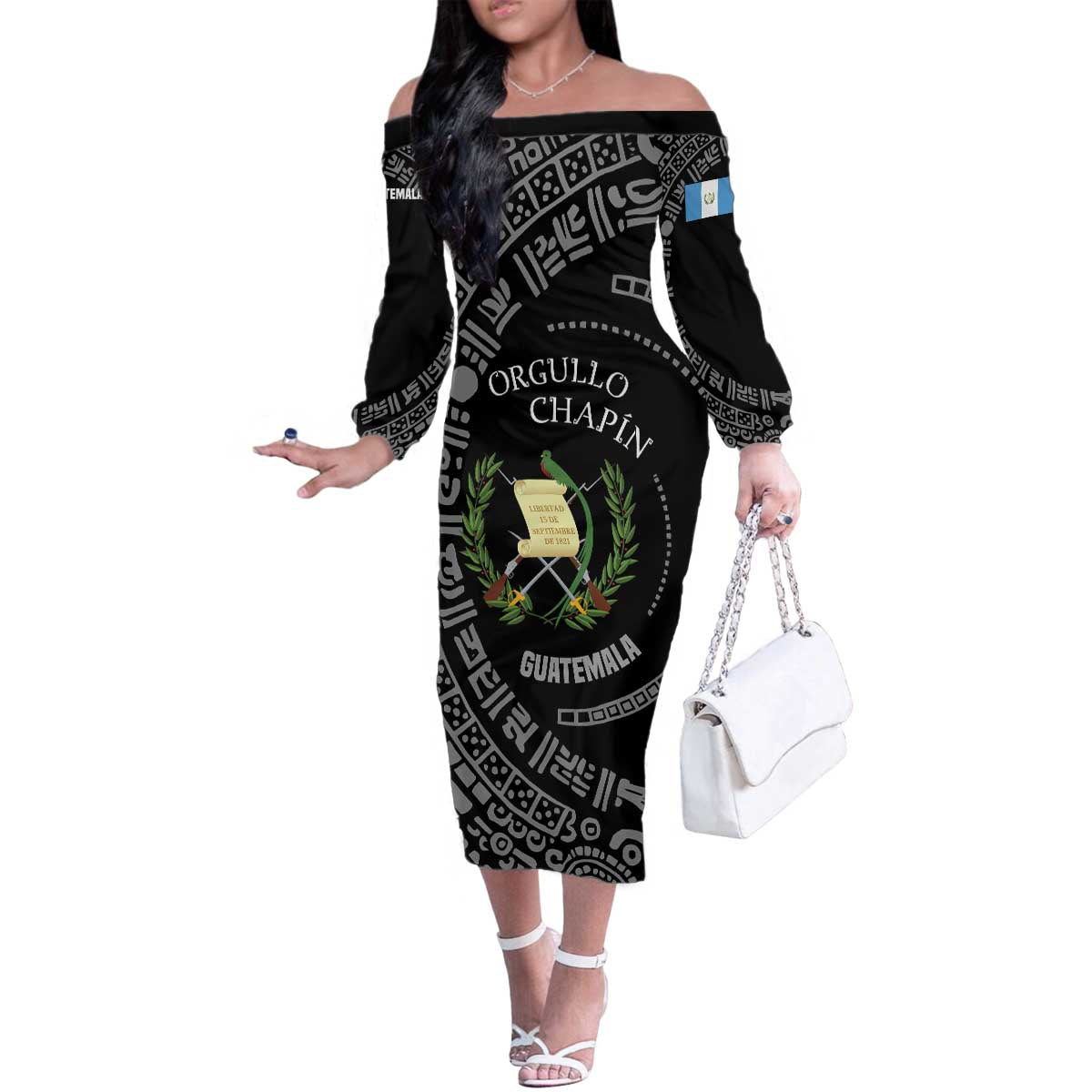 Guatemala National Emblem Family Matching Off The Shoulder Long Sleeve Dress and Hawaiian Shirt with Mayan Pattern and Orgullo Chapin Quote Design - Wonder Print Shop