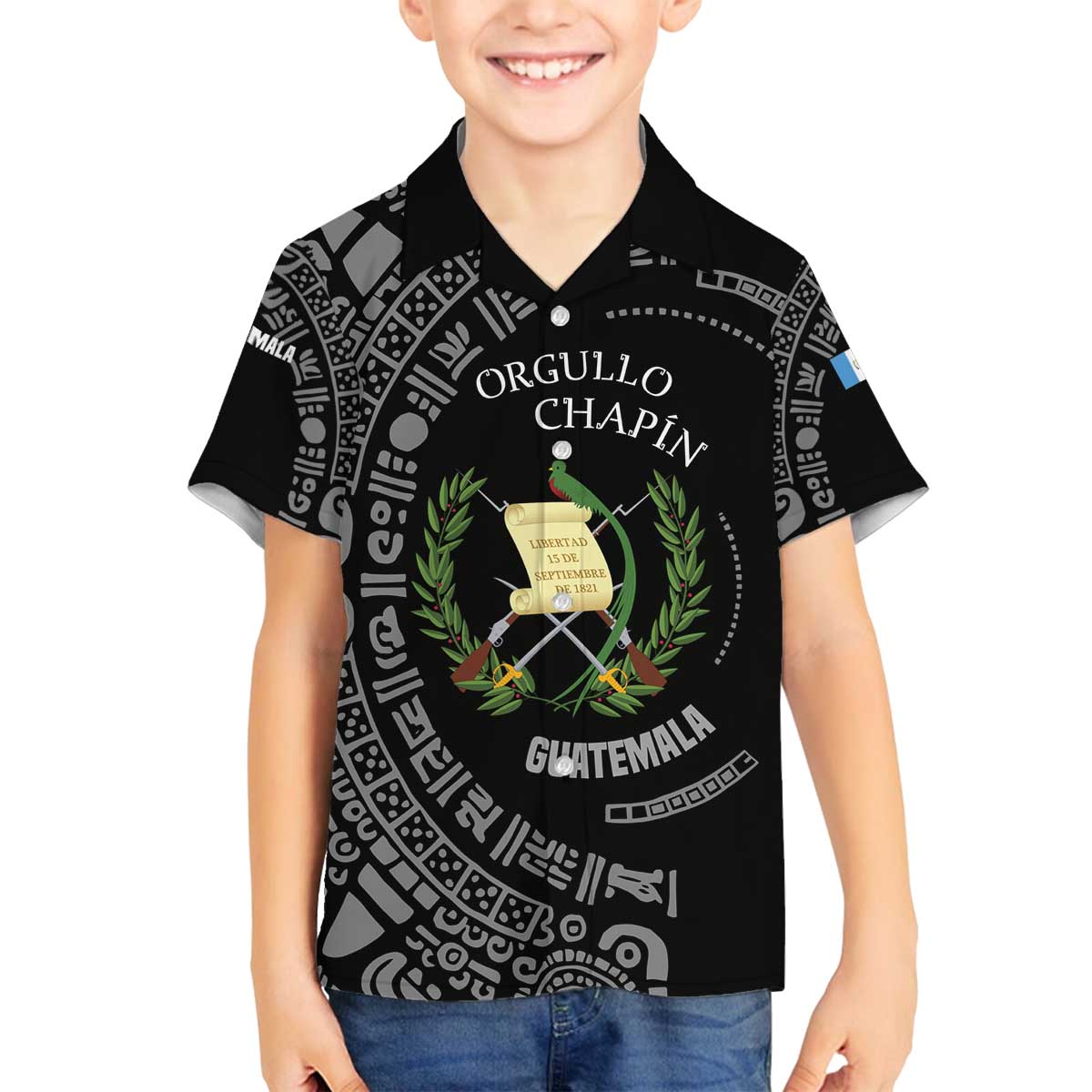 Guatemala National Emblem Family Matching Off The Shoulder Long Sleeve Dress and Hawaiian Shirt with Mayan Pattern and Orgullo Chapin Quote Design - Wonder Print Shop