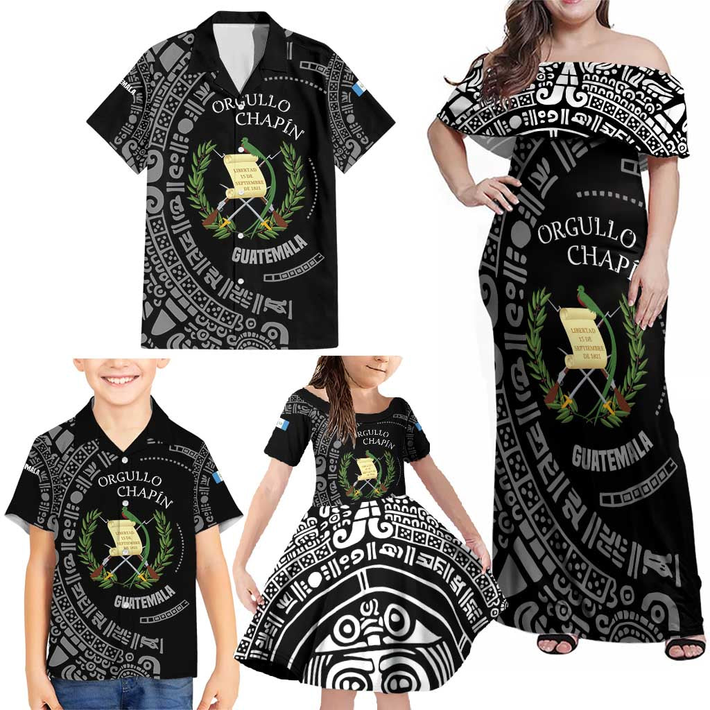 Guatemala National Emblem Family Matching Off Shoulder Maxi Dress and Hawaiian Shirt with Mayan Pattern and Orgullo Chapin Quote Design - Wonder Print Shop