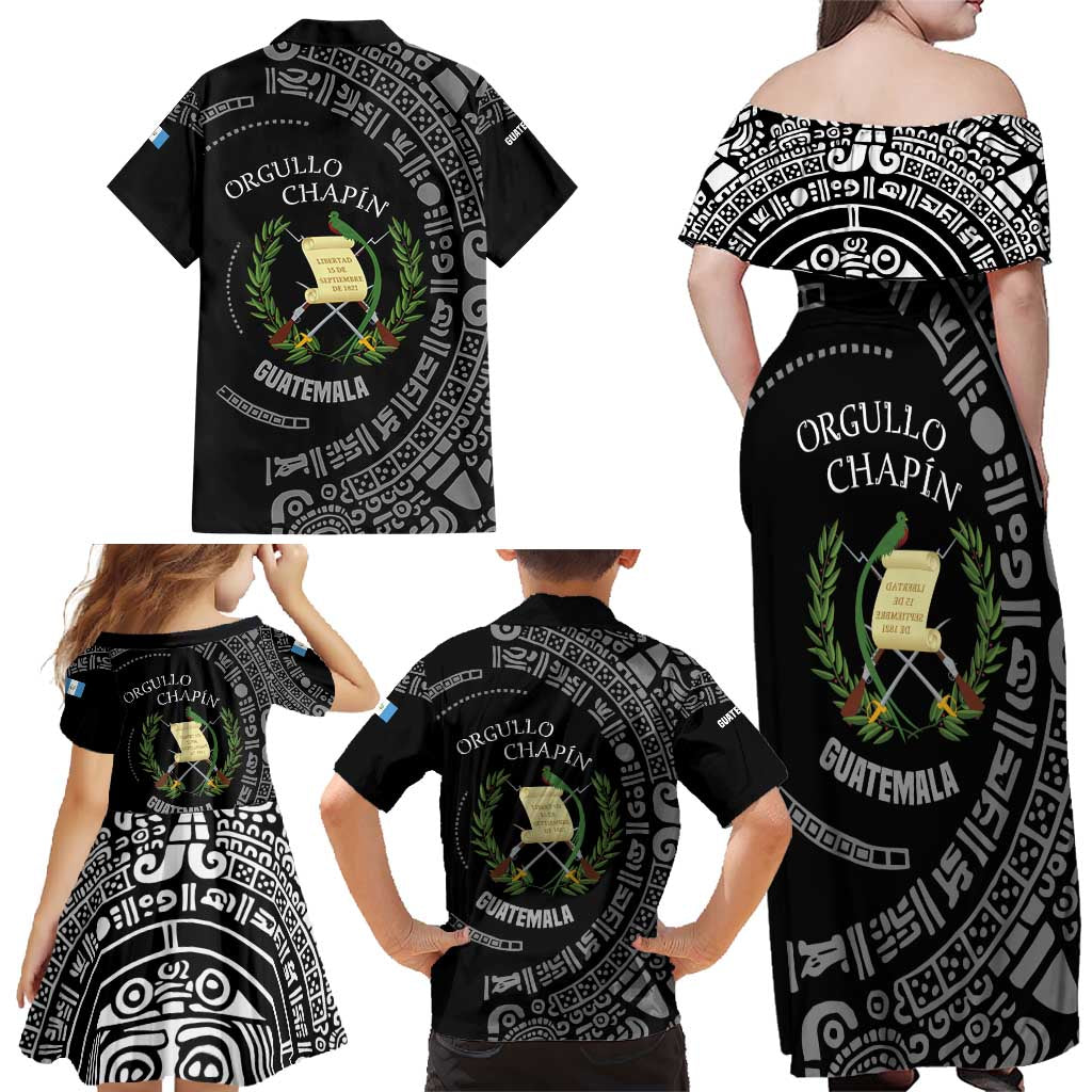 Guatemala National Emblem Family Matching Off Shoulder Maxi Dress and Hawaiian Shirt with Mayan Pattern and Orgullo Chapin Quote Design - Wonder Print Shop