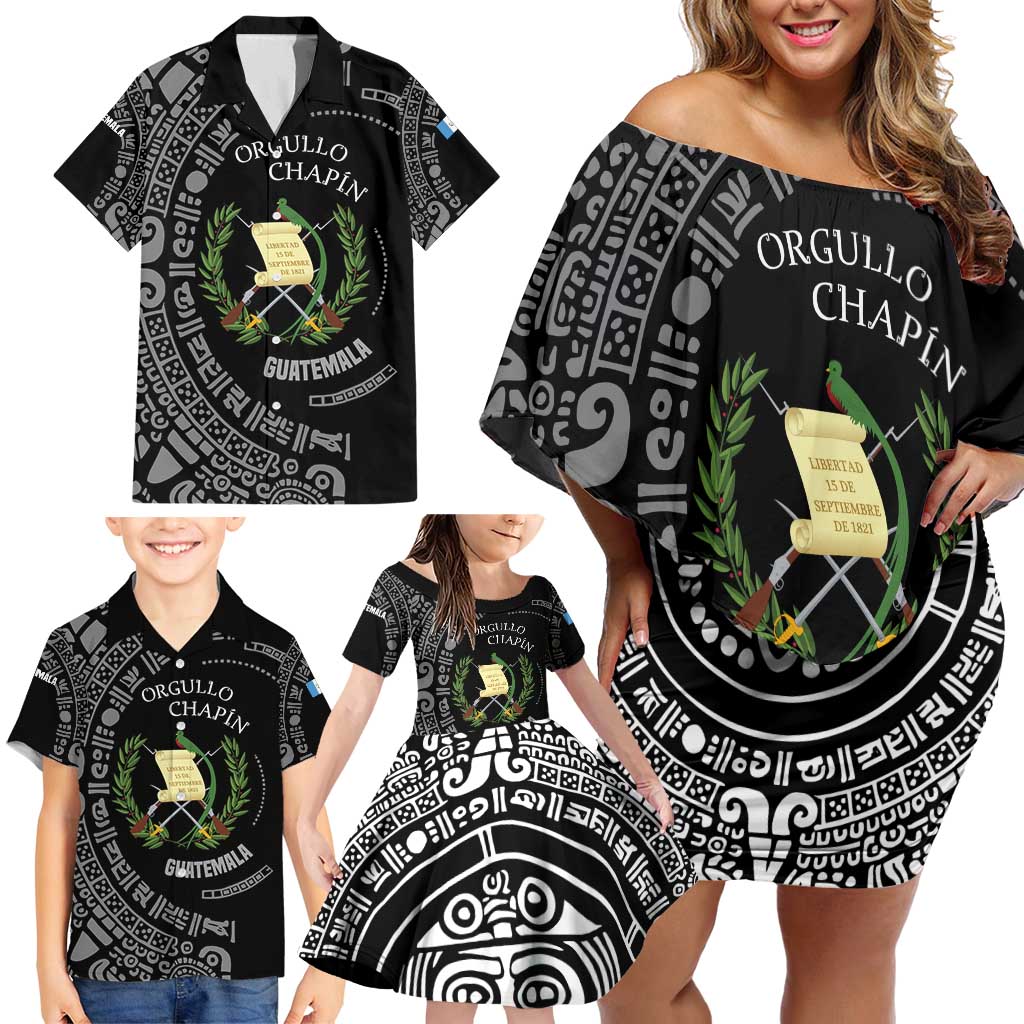 Guatemala National Emblem Family Matching Off Shoulder Short Dress and Hawaiian Shirt with Mayan Pattern and Orgullo Chapin Quote Design - Wonder Print Shop