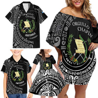 Guatemala National Emblem Family Matching Off Shoulder Short Dress and Hawaiian Shirt with Mayan Pattern and Orgullo Chapin Quote Design - Wonder Print Shop