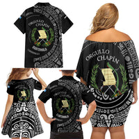 Guatemala National Emblem Family Matching Off Shoulder Short Dress and Hawaiian Shirt with Mayan Pattern and Orgullo Chapin Quote Design - Wonder Print Shop