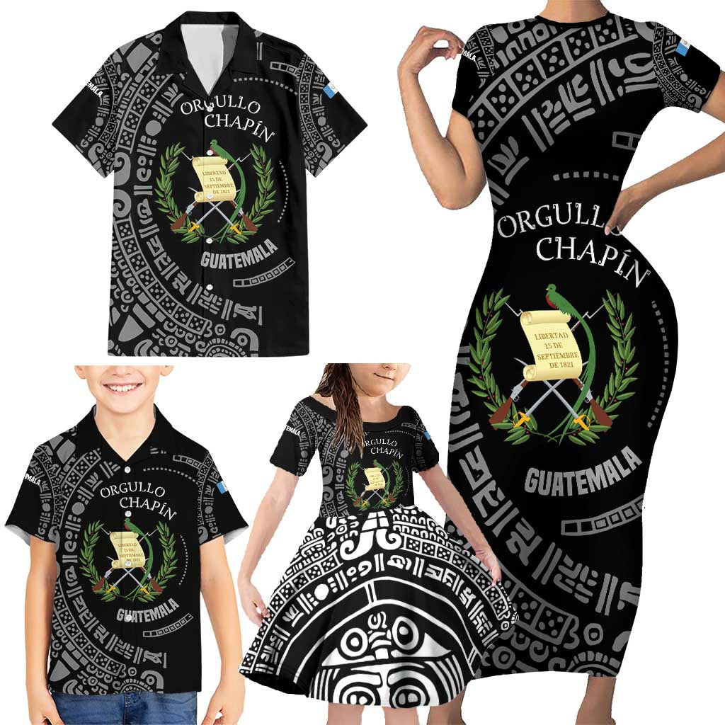 Guatemala National Emblem Family Matching Short Sleeve Bodycon Dress and Hawaiian Shirt with Mayan Pattern and Orgullo Chapin Quote Design - Wonder Print Shop