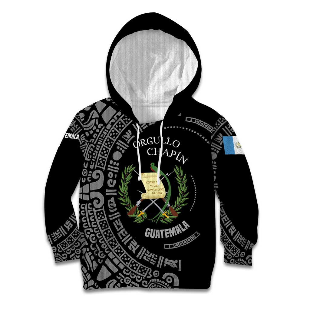 Guatemala National Emblem Kid Hoodie with Mayan Pattern and Orgullo Chapin Quote Design - Wonder Print Shop