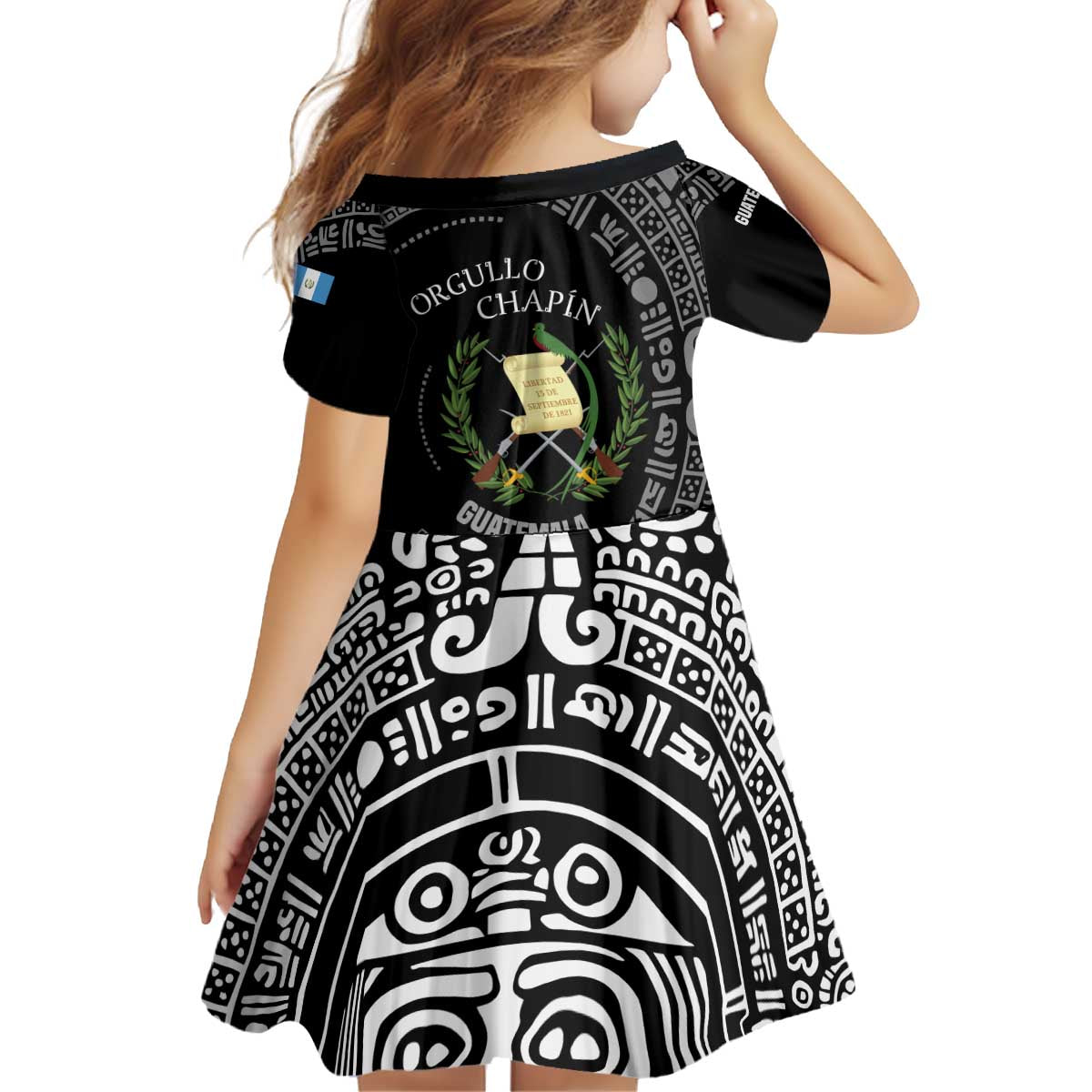 Guatemala National Emblem Kid Short Sleeve Dress with Mayan Pattern and Orgullo Chapin Quote Design - Wonder Print Shop
