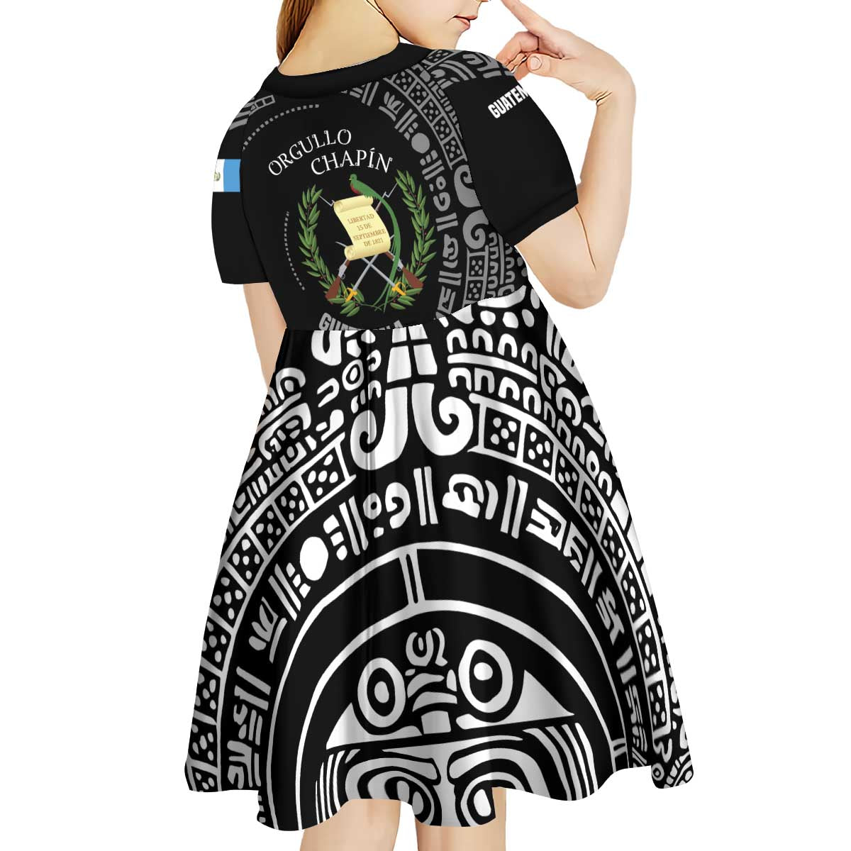Guatemala National Emblem Kid Short Sleeve Dress with Mayan Pattern and Orgullo Chapin Quote Design - Wonder Print Shop