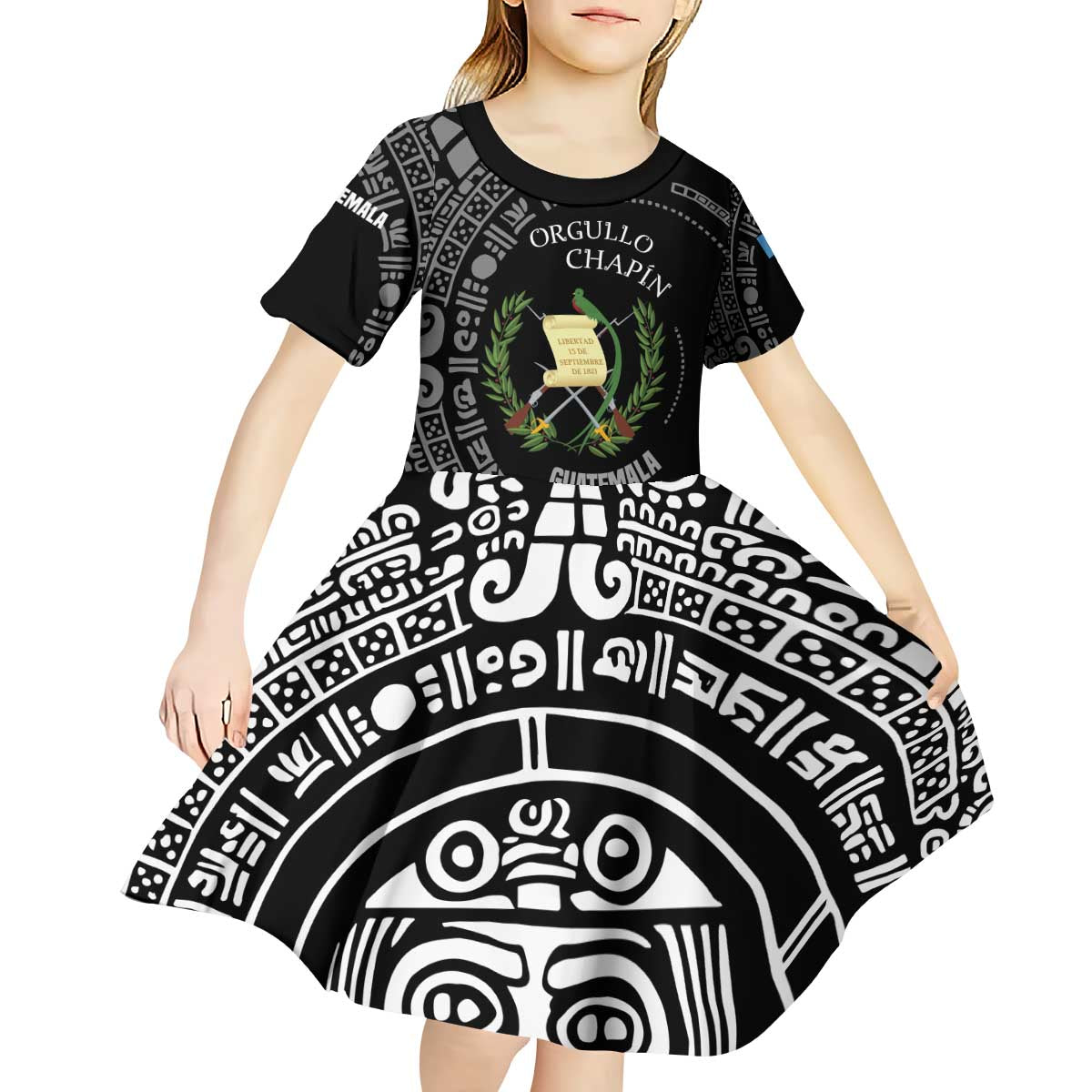 Guatemala National Emblem Kid Short Sleeve Dress with Mayan Pattern and Orgullo Chapin Quote Design - Wonder Print Shop