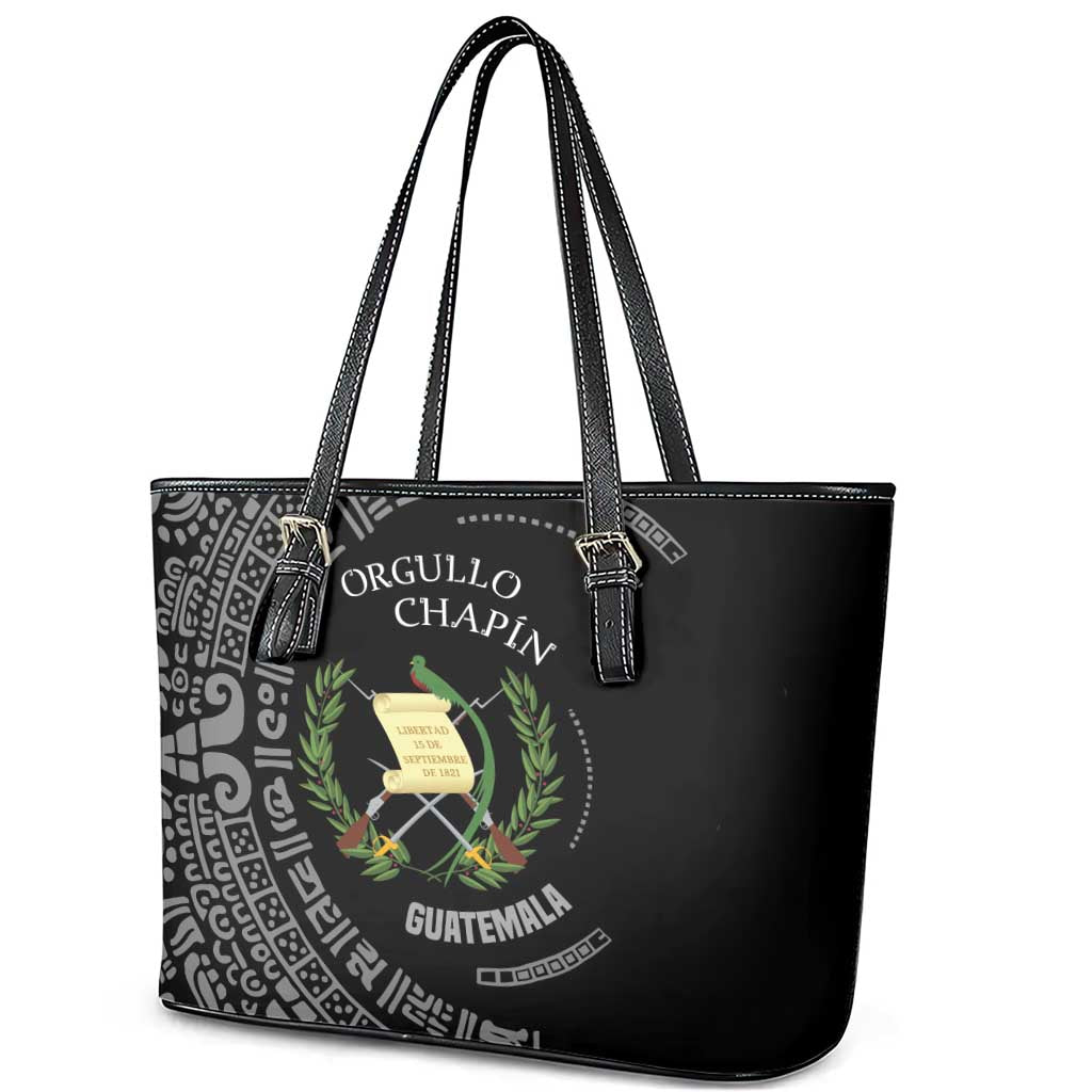Guatemala National Emblem Leather Tote Bag with Mayan Pattern and Orgullo Chapin Quote Design - Wonder Print Shop