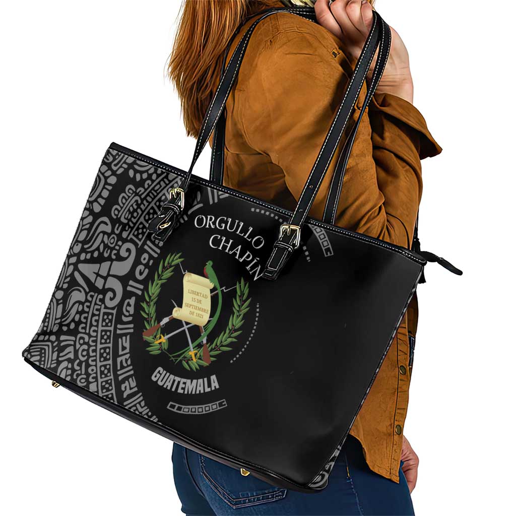 Guatemala National Emblem Leather Tote Bag with Mayan Pattern and Orgullo Chapin Quote Design - Wonder Print Shop
