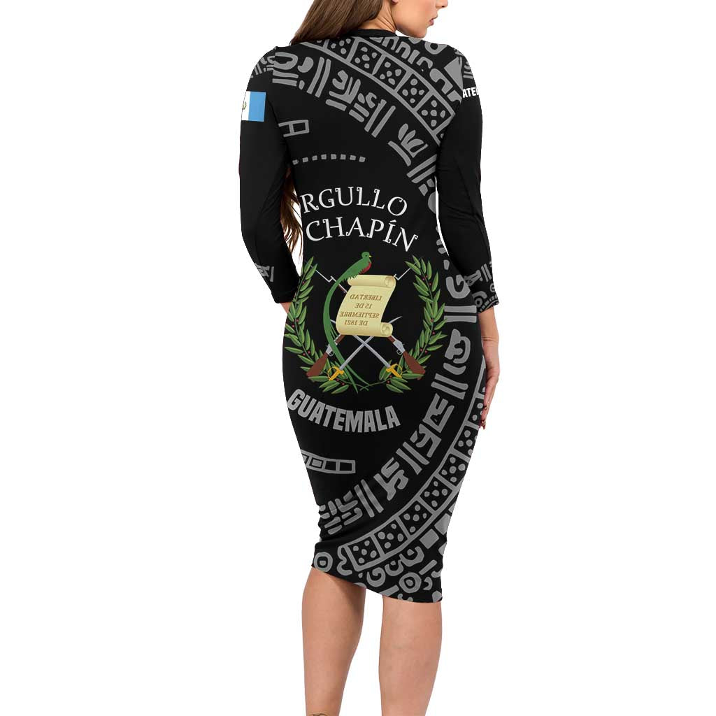 Guatemala National Emblem Long Sleeve Bodycon Dress with Mayan Pattern and Orgullo Chapin Quote Design - Wonder Print Shop