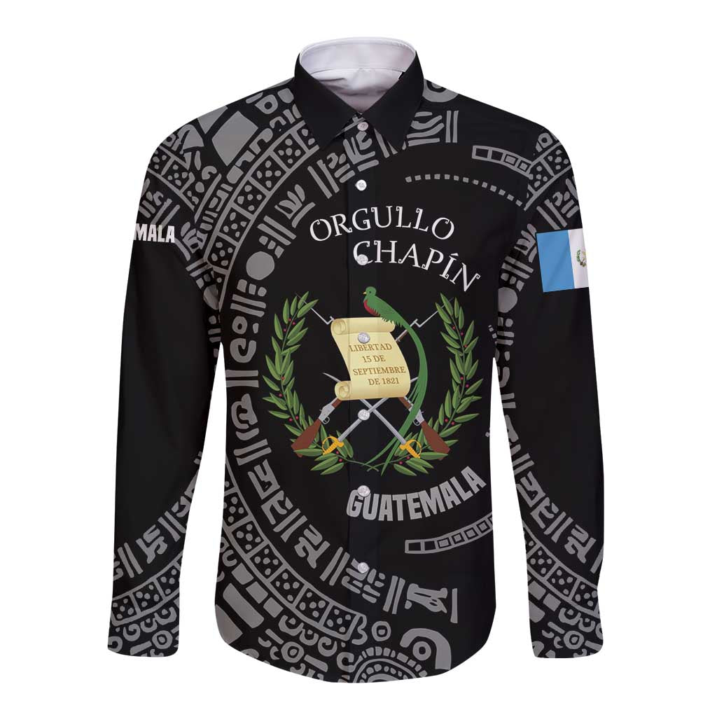 Guatemala National Emblem Long Sleeve Button Shirt with Mayan Pattern and Orgullo Chapin Quote Design - Wonder Print Shop