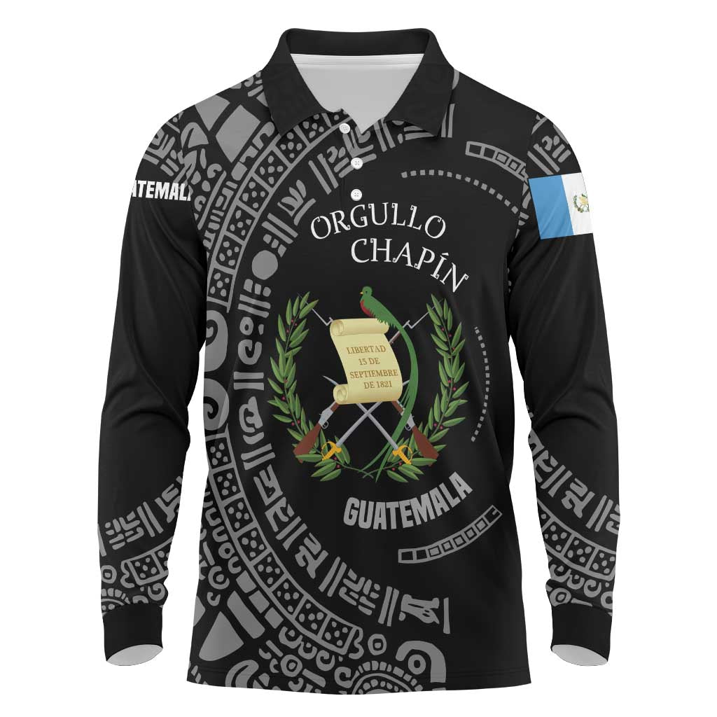 Guatemala National Emblem Long Sleeve Polo Shirt with Mayan Pattern and Orgullo Chapin Quote Design - Wonder Print Shop