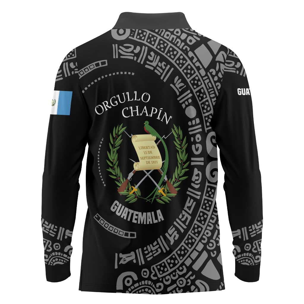 Guatemala National Emblem Long Sleeve Polo Shirt with Mayan Pattern and Orgullo Chapin Quote Design - Wonder Print Shop