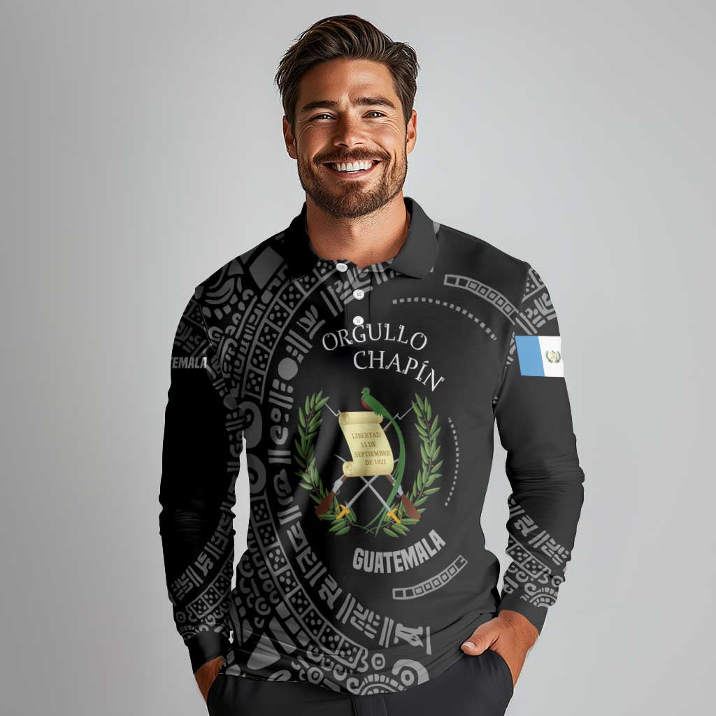 Guatemala National Emblem Long Sleeve Polo Shirt with Mayan Pattern and Orgullo Chapin Quote Design - Wonder Print Shop