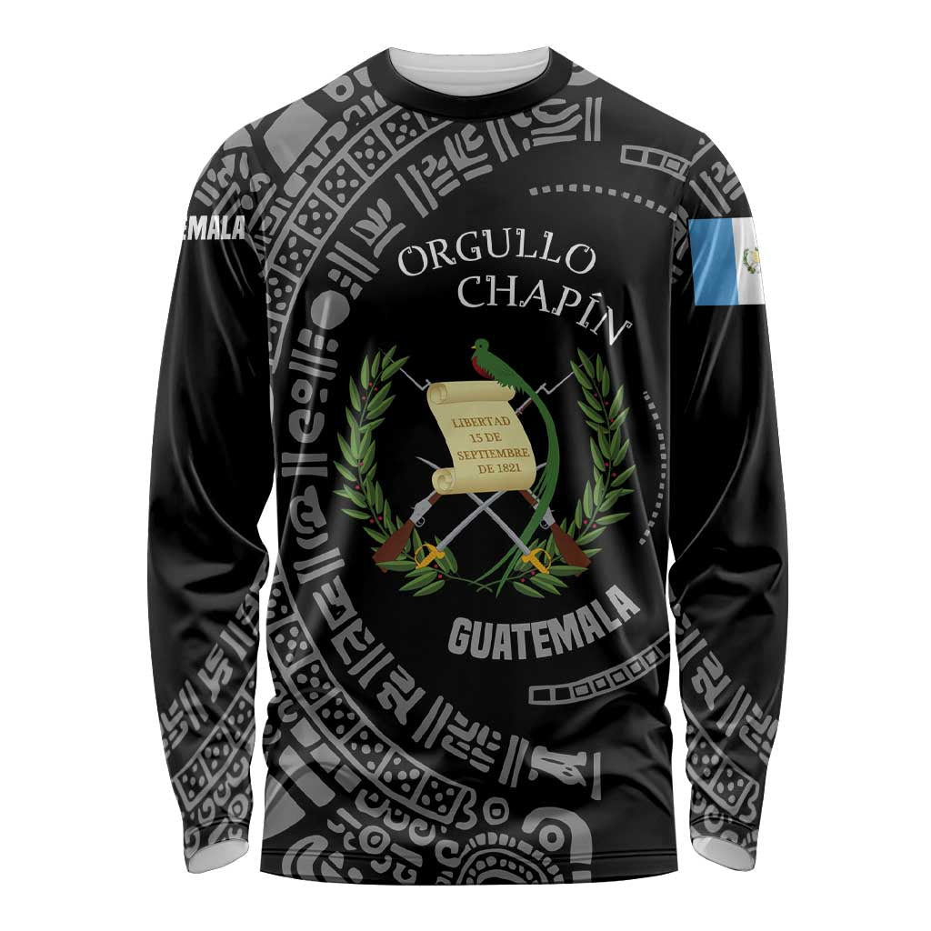 Guatemala National Emblem Long Sleeve Shirt with Mayan Pattern and Orgullo Chapin Quote Design - Wonder Print Shop