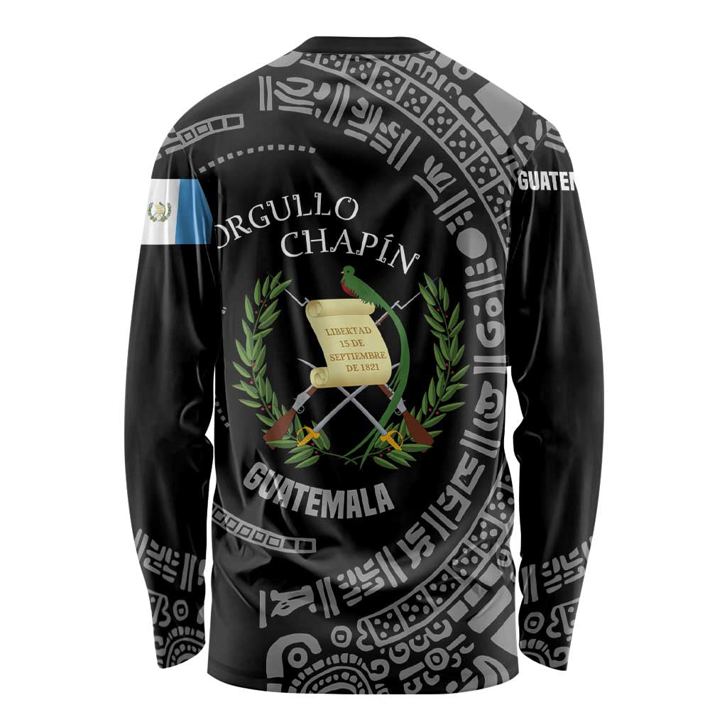 Guatemala National Emblem Long Sleeve Shirt with Mayan Pattern and Orgullo Chapin Quote Design - Wonder Print Shop