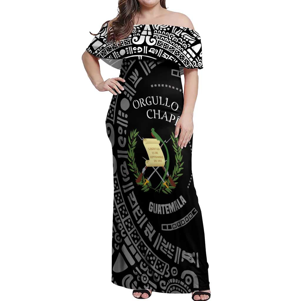 Guatemala National Emblem Off Shoulder Maxi Dress with Mayan Pattern and Orgullo Chapin Quote Design - Wonder Print Shop