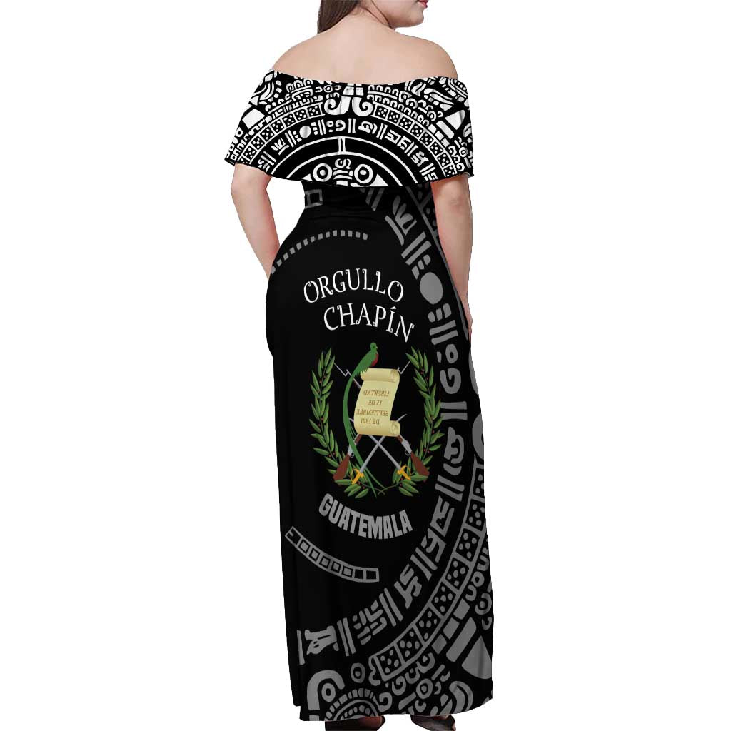 Guatemala National Emblem Off Shoulder Maxi Dress with Mayan Pattern and Orgullo Chapin Quote Design - Wonder Print Shop