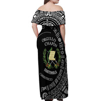 Guatemala National Emblem Off Shoulder Maxi Dress with Mayan Pattern and Orgullo Chapin Quote Design - Wonder Print Shop