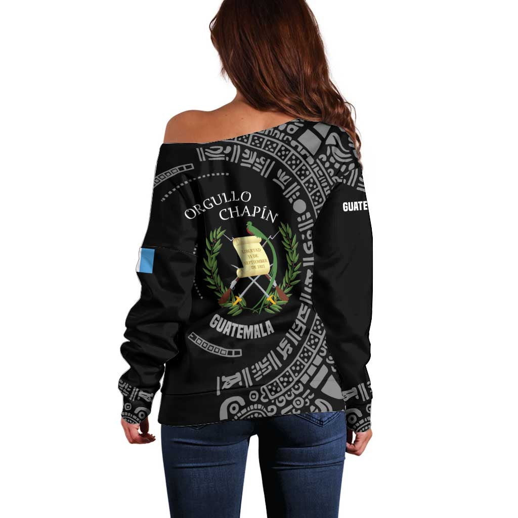 Guatemala National Emblem Off Shoulder Sweater with Mayan Pattern and Orgullo Chapin Quote Design - Wonder Print Shop