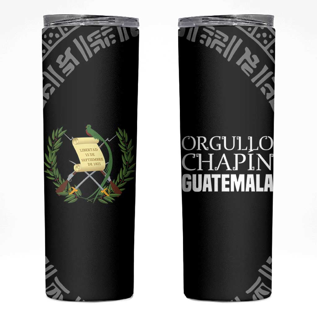 Guatemala National Emblem Skinny Tumbler with Mayan Pattern and Orgullo Chapin Quote Design - Wonder Print Shop