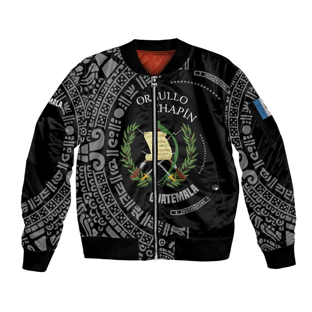 Guatemala National Emblem Sleeve Zip Bomber Jacket with Mayan Pattern and Orgullo Chapin Quote Design - Wonder Print Shop