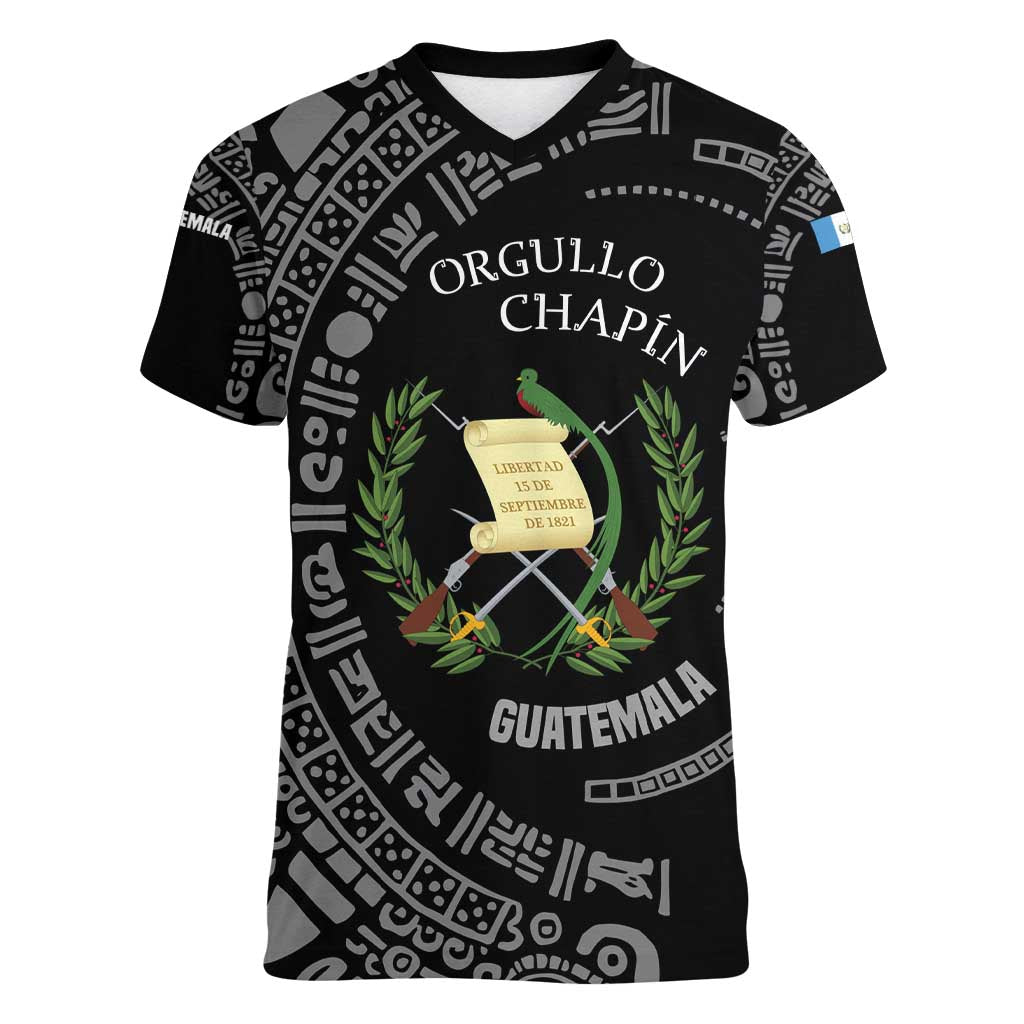 Guatemala National Emblem Women V-Neck T-Shirt with Mayan Pattern and Orgullo Chapin Quote Design - Wonder Print Shop