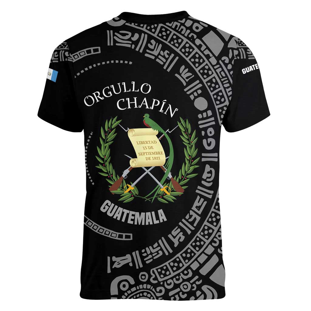 Guatemala National Emblem Women V-Neck T-Shirt with Mayan Pattern and Orgullo Chapin Quote Design - Wonder Print Shop