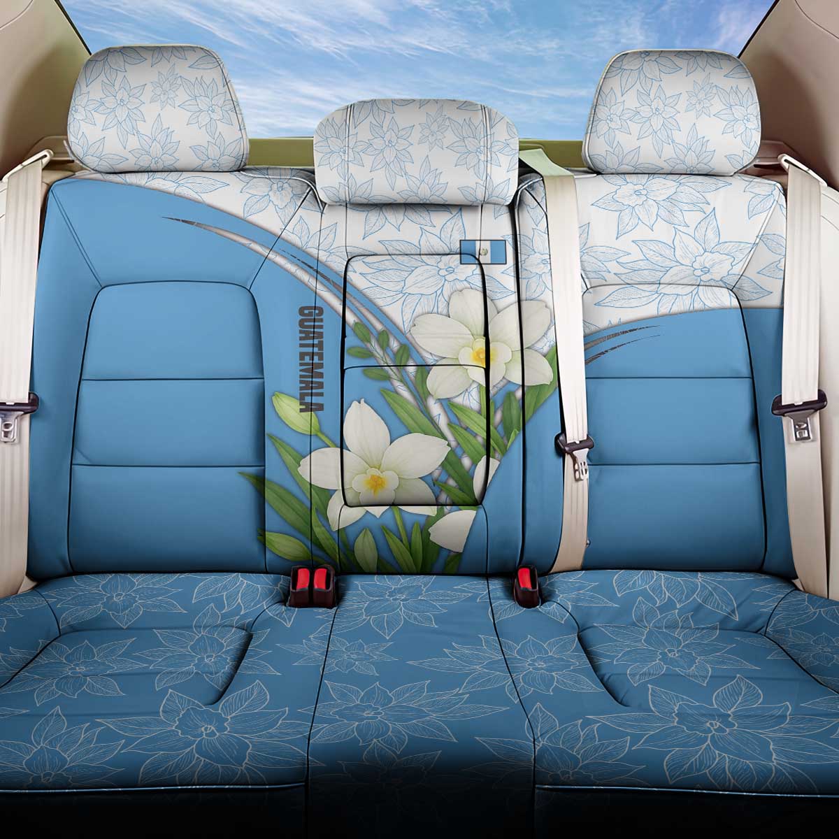 Guatemala White Monja Blanca Flower Back Car Seat Cover with Blue Flag Theme and Floral Pattern Design - Wonder Print Shop