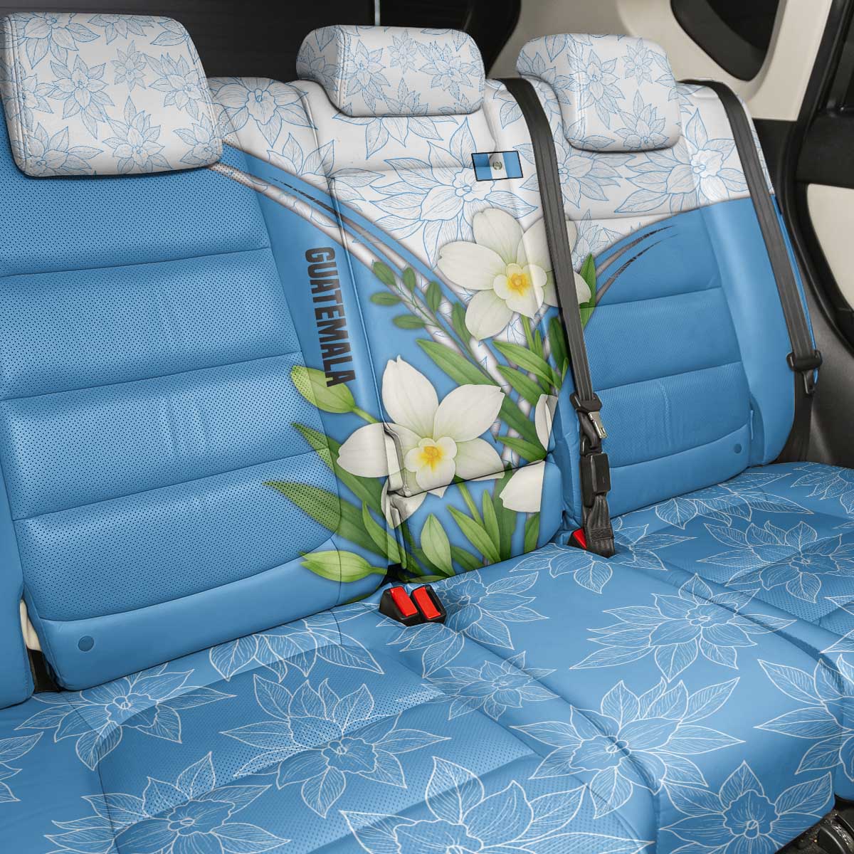 Guatemala White Monja Blanca Flower Back Car Seat Cover with Blue Flag Theme and Floral Pattern Design - Wonder Print Shop
