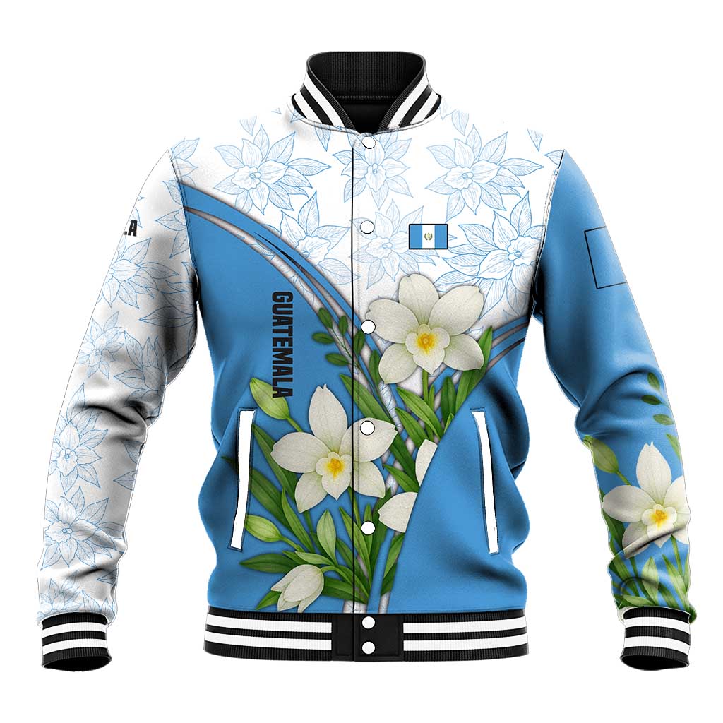 Guatemala White Monja Blanca Flower Baseball Jacket with Blue Flag Theme and Floral Pattern Design - Wonder Print Shop