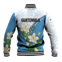 Guatemala White Monja Blanca Flower Baseball Jacket with Blue Flag Theme and Floral Pattern Design - Wonder Print Shop