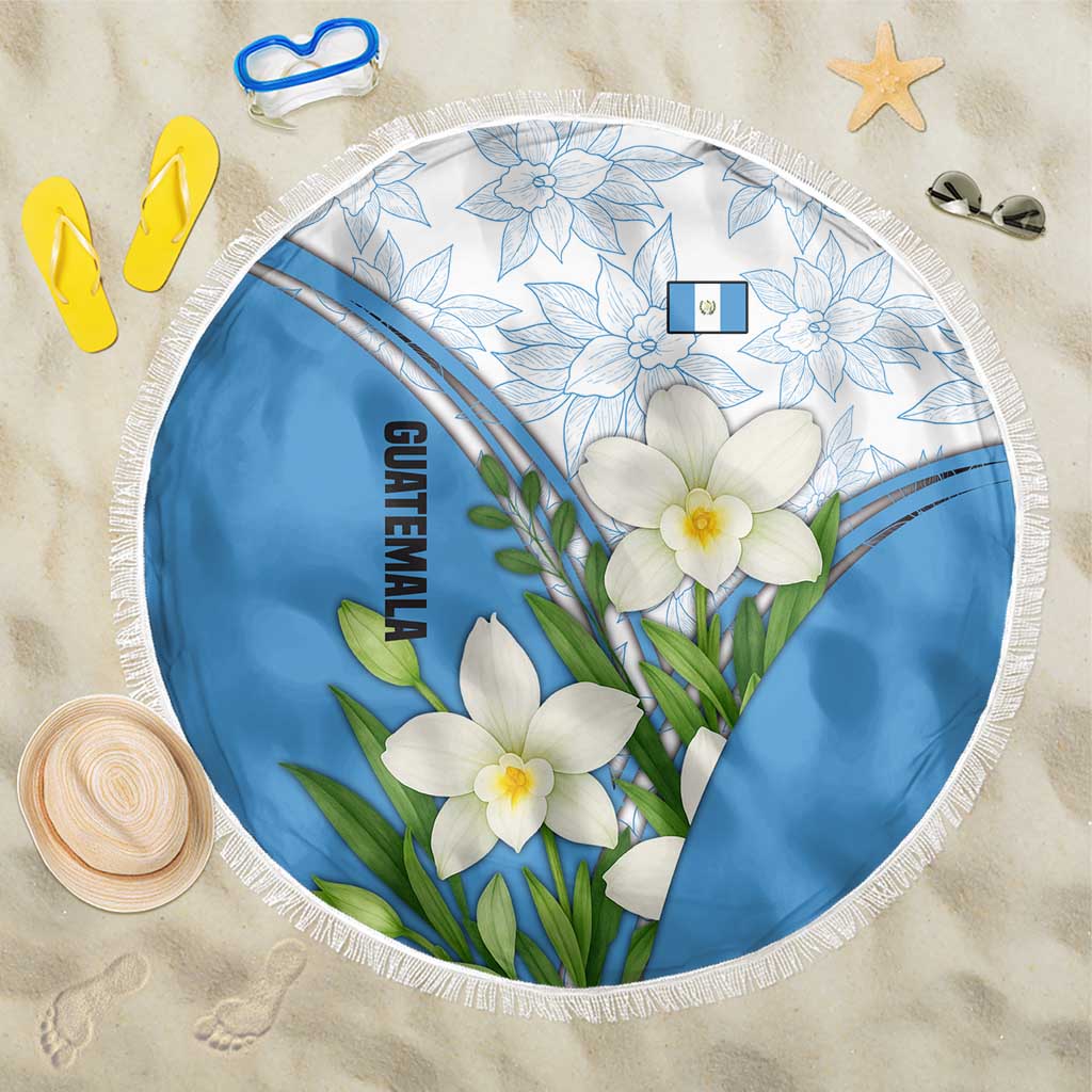 Guatemala White Monja Blanca Flower Beach Blanket with Blue Flag Theme and Floral Pattern Design - Wonder Print Shop
