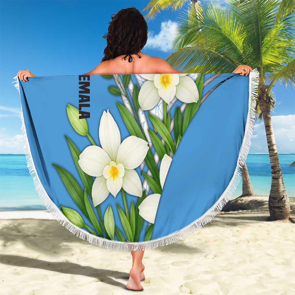 Guatemala White Monja Blanca Flower Beach Blanket with Blue Flag Theme and Floral Pattern Design - Wonder Print Shop