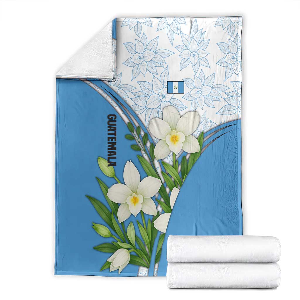 Guatemala White Monja Blanca Flower Blanket with Blue Flag Theme and Floral Pattern Design - Wonder Print Shop