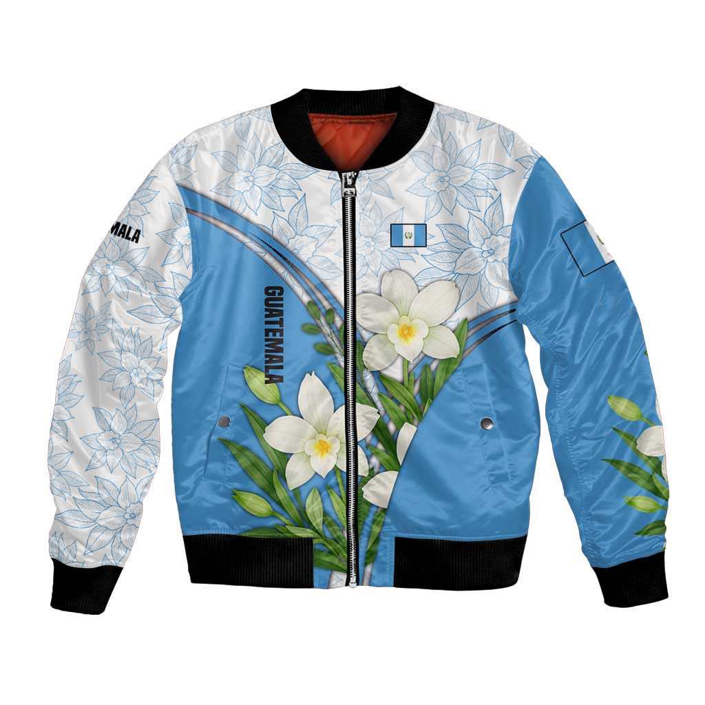 Guatemala White Monja Blanca Flower Bomber Jacket with Blue Flag Theme and Floral Pattern Design - Wonder Print Shop