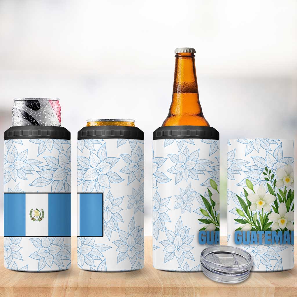 Guatemala White Monja Blanca Flower 4 in 1 Can Cooler Tumbler with Blue Flag Theme and Floral Pattern Design - Wonder Print Shop