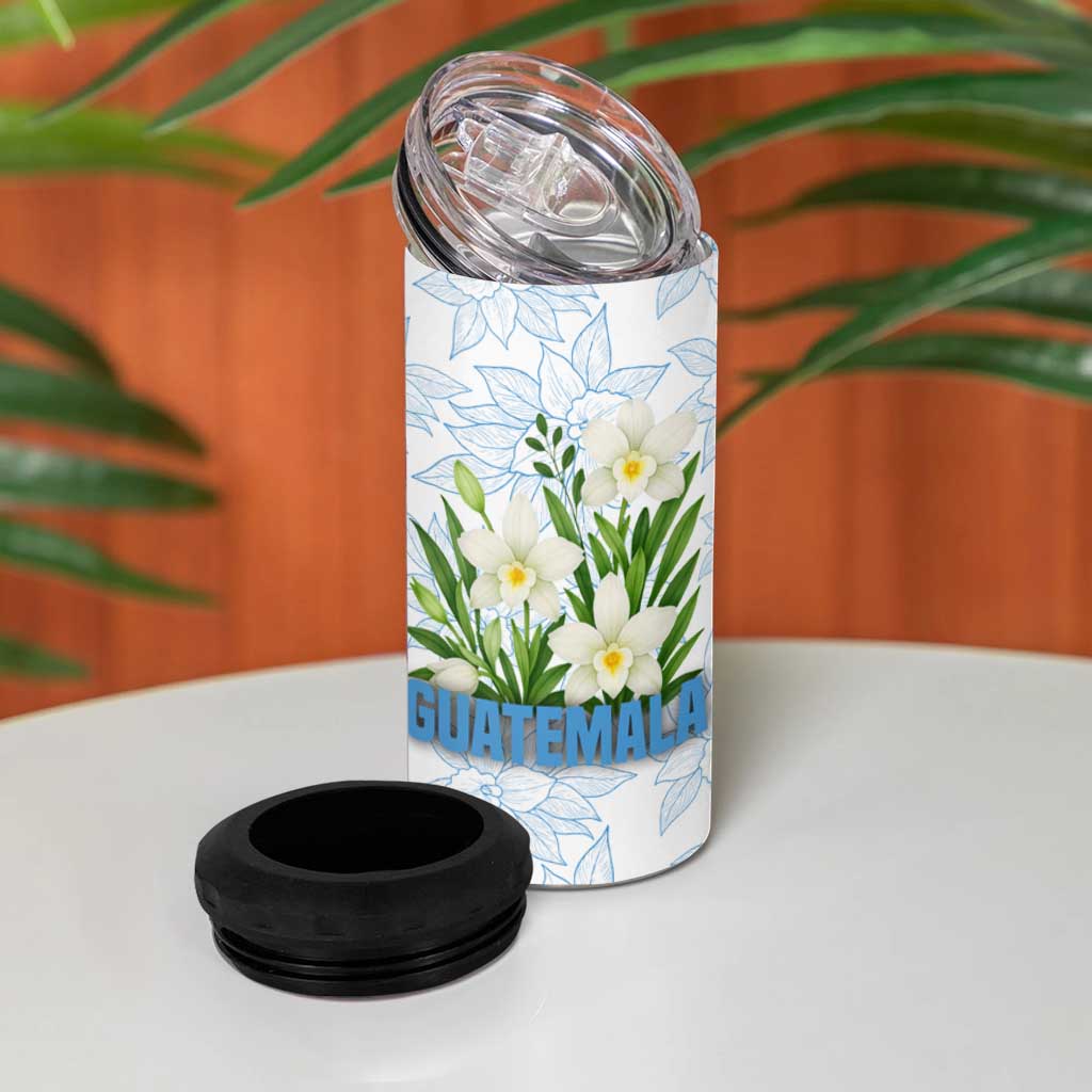 Guatemala White Monja Blanca Flower 4 in 1 Can Cooler Tumbler with Blue Flag Theme and Floral Pattern Design - Wonder Print Shop