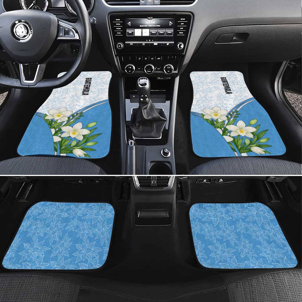 Guatemala White Monja Blanca Flower Car Mats with Blue Flag Theme and Floral Pattern Design - Wonder Print Shop