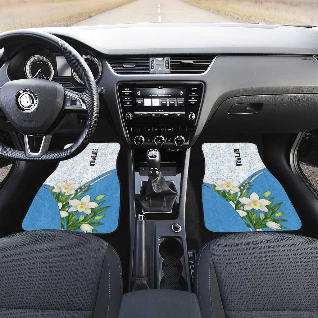 Guatemala White Monja Blanca Flower Car Mats with Blue Flag Theme and Floral Pattern Design - Wonder Print Shop